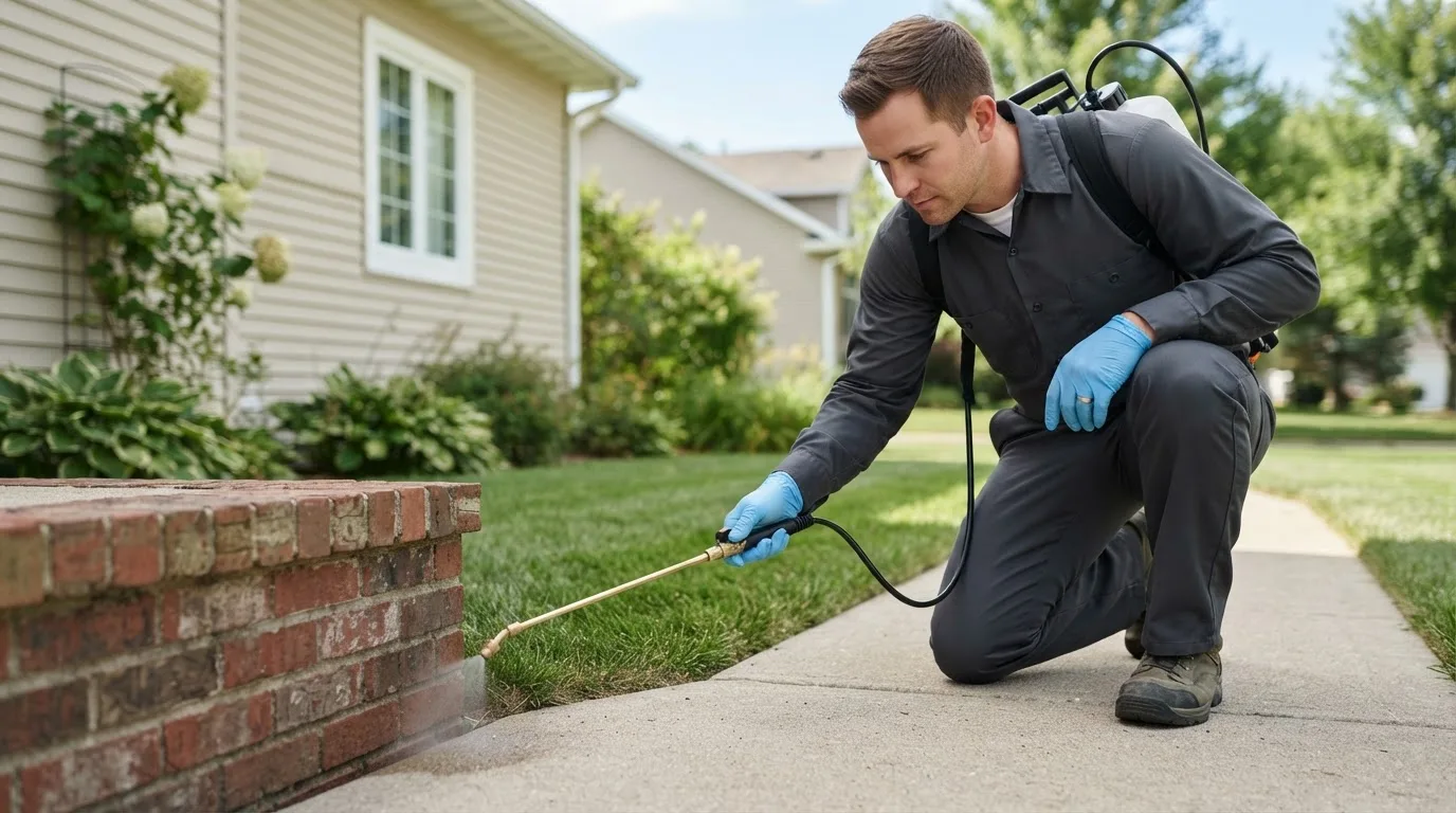 Pest control technician treating a home near Melcher Dallas, IA